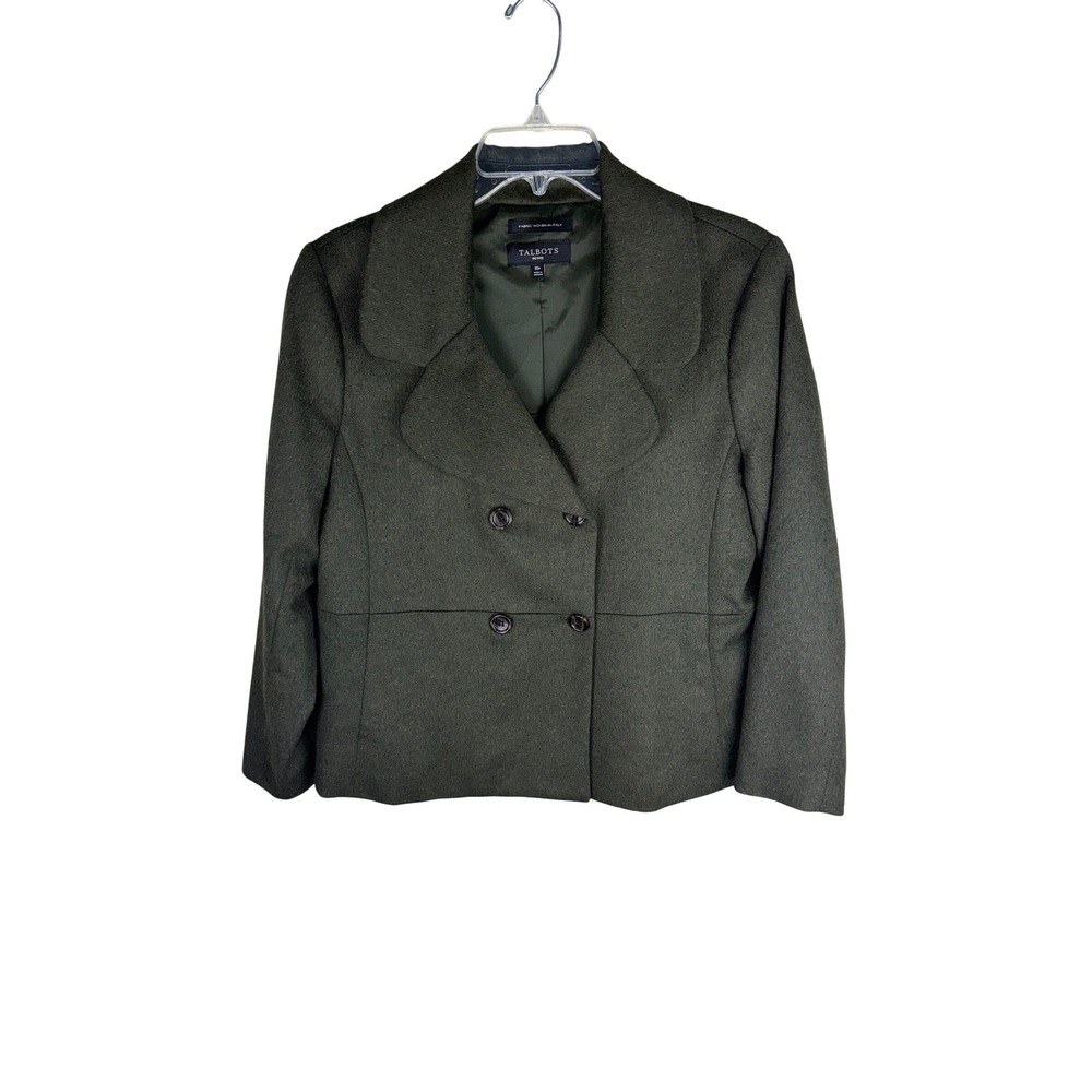 Talbots Petite Olive Green Recycled Wool Blend Double Breasted Blazer Jacket 10P